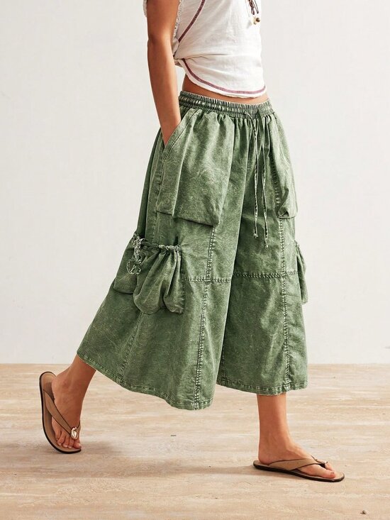 Pants - Green Boho Casual Women's Capri Cargo Pants